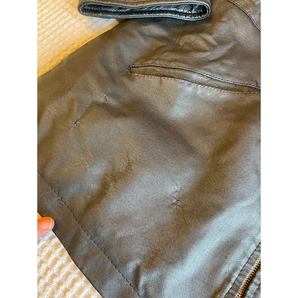 VTG Genuine Leather Jacket Zip Closure Draw String Waist & Collar Cozy Boho Lg